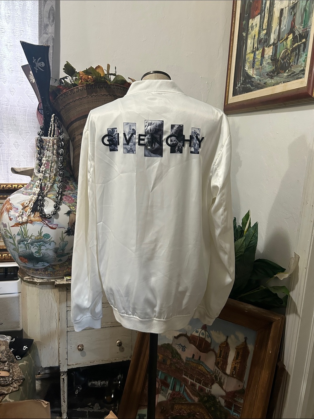 Givenchy White Satin Logo-Panel Bomber Jacket it’s silk